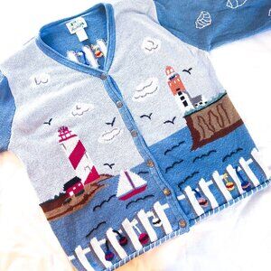 Vintage Design White Blue Lighthouse Ocean Sailboat Nantucket Cardigan Sweater L